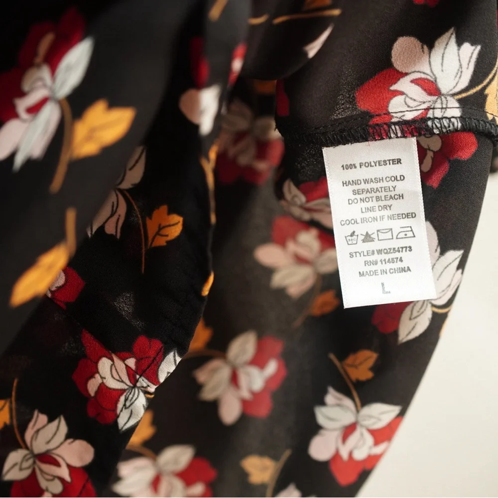 Pleione Blouse Womens Large 3/4 Long Sleeve Black Floral Print Shirt Lightweight - Picture 8 of 12